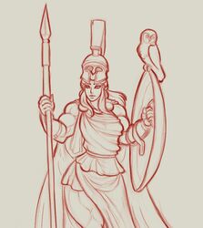  1girls 2d ancient_greece athena athena_(greek_mythology) cape clothed clothed_female corinthian_helmet female female_only goddess greek_mythology helmet human human_only light-skinned_female light_skin long_hair lucidartdvc monochrome muscular_female mythology owl pencil_(artwork) shield spear tagme weapon 