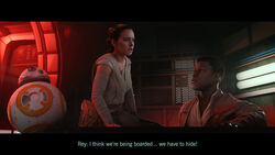  1boy 1girls 3d background bb-8 clothed_female clothed_male dark-skinned_male dark_skin dialogue drdabblur english_text female finn_(star_wars) hair human human_only indoors light-skinned_female light_skin lips male millennium_falcon parted_lips rey science_fiction sitting small_breasts source_filmmaker star_wars subtitled text the_force_awakens thin_waist worried worried_expression 