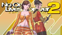  2girls brown_eyes brown_hair cate_archer cleavage female female_focus female_only fully_clothed hair_bun hiphugger isako katana looking_at_viewer no_one_lives_forever orange_shirt pistol pistol_in_hand secret_agent short_hair spy stomach_exposed tight_pants white_choker 