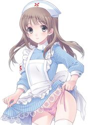  apron atelier_(series) atelier_meruru black_eyes blue_bow blue_dress bow bow_panties brown_hair c: closed_mouth clothes_lift commentary_request contrapposto cowboy_shot dress dress_lift female frilled_apron frilled_dress frilled_sleeves frills hat hip_focus long_hair long_sleeves looking_at_viewer maid_apron nurse_cap panties pink_panties protected_link side-tie_panties simple_background smile solo standing striped thighhighs totooria_helmold underwear vertical_stripes waist_apron white_apron white_background white_hat white_thighhighs yuuki_mitsuru 