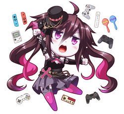  ahoge arm_up black_hat black_shirt black_sleeves blush breasts brown_hair chibi cleavage cleavage_cutout clenched_hands clothing_cutout commentary_request controller detached_sleeves female fingernails game_boy game_boy_(original) game_controller grey_skirt hair_between_eyes handheld_game_console hat instrument large_breasts long_hair long_sleeves maracas mini_hat mini_top_hat multicolored_hair nail_polish nijisanji no_shoes open_mouth pink_hair pink_nails pink_thighhighs playstation_controller pleated_skirt purple_eyes shirt simple_background skirt sleeveless sleeveless_shirt sleeves_past_wrists solo thighhighs tilted_headwear top_hat twintails two-tone_hair utsurogi_angu v-shaped_eyebrows very_long_hair virtual_youtuber white_background yamiyono_moruru yamiyono_moruru_(2nd_costume) 