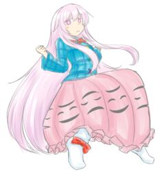  :&lt; blush_stickers bubble_skirt clenched_hand collared_shirt commentary_request face_cutout female ganmaganmo hata_no_kokoro long_hair long_skirt looking_at_viewer no_mask pink_eyes pink_hair plaid plaid_shirt shirt skirt socks solo touhou triangle_mouth very_long_hair 