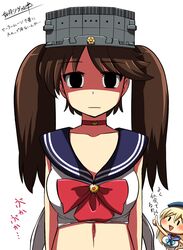  atago_(kantai_collection) bad_id bad_pixiv_id banned_artist bishoujo_senshi_sailor_moon black_eyes bra breasts brown_hair empty_eyes flat_chest jitome kantai_collection kisaragi_zwei long_hair looking_at_viewer midriff multiple_girls navel ryuujou_(kantai_collection) sailor_collar sailor_moon_narikiri_bra_set sailor_senshi_uniform simple_background translation_request twintails underwear underwear_only visor_cap white_background 