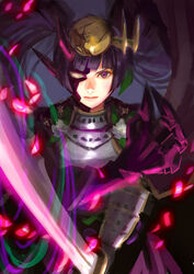  :| androgynous armor blunt_bangs breastplate claws closed_mouth commentary_request crack flower gender_request headpiece heterochromia japanese_armor japanese_clothes leaf long_hair looking_at_viewer lotus_(elico) petals photoshop_(medium) pointy_ears purple_eyes purple_hair puzzle_&amp;_dragons shoulder_armor sode solo twintails upper_body v-shaped_eyebrows yellow_eyes yomi_(p&amp;d) 