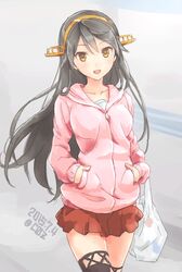  bag black_hair brown_eyes casual commentary_request coz_(commit) dated female hairband hands_in_pockets haruna_(kancolle) hood hoodie kantai_collection long_hair looking_at_viewer open_mouth plastic_bag shopping_bag skirt smile solo sweater thighhighs zettai_ryouiki 