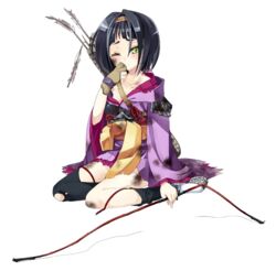  black_hair blunt_bangs bow_(weapon) broken_arrow broken_bow female full_body gloves green_eyes hairband hand_on_own_face holding holding_bow_(weapon) holding_weapon kanzaki_karuna official_art one_eye_closed oshiro_project:re partially_fingerless_gloves seiza short_hair sitting solo tanba_yokoyama_(oshiro_project) thighhighs torn_clothes torn_thighhighs transparent_background weapon yugake 