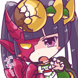  :o androgynous armor blunt_bangs blush_stickers breastplate claws commentary_request crack gender_request headpiece heterochromia horns long_hair open_mouth pikomarie pointy_ears purple_eyes purple_hair puzzle_&amp;_dragons simple_background solo upper_body v-shaped_eyebrows white_background yellow_eyes yomi_(p&amp;d) 