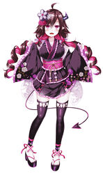  :3 :d ahoge blush breasts brown_hair commentary_request dated demon_girl demon_horns demon_tail female fingernails floral_print flower frilled_sleeves frills full_body hair_between_eyes hair_flower hair_ornament hands_up highres horns japanese_clothes kimono leggings long_hair long_sleeves looking_at_viewer low_twintails medium_breasts multicolored_hair nail_polish nijisanji obi open_mouth pigeon-toed pinching_sleeves pink_hair pink_nails platform_footwear pointy_ears print_kimono purple_footwear purple_kimono purple_legwear purple_nails red_eyes ringlets sash short_kimono signature simple_background sleeves_past_wrists smile solo standing tail thighhighs toeless_legwear toenail_polish toenails toes twintails two-tone_hair utsurogi_angu very_long_hair virtual_youtuber white_background white_flower wide_sleeves yamiyono_moruru 