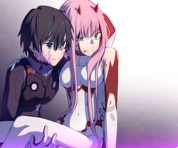  1boy bad_id bad_twitter_id black_bodysuit black_hair blood blood_from_mouth blood_on_face blue_horns bodysuit breasts carrying commentary_request couple darling_in_the_franxx female gloves green_eyes hand_on_another&#039;s_leg hand_on_another&#039;s_waist hiro_(darling_in_the_franxx) horns leje39 long_hair medium_breasts oni_horns pilot_suit pink_hair princess_carry red_horns scar scar_on_face science_fiction straight torn_bodysuit torn_clothes white_bodysuit white_gloves zero_two_(darling_in_the_franxx) 