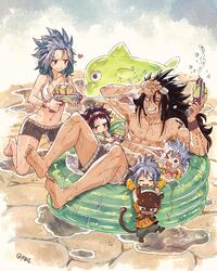  2boys 3girls ;d bad_id bad_twitter_id barefoot bikini bikini_shorts bikini_top_only black_hair black_shorts blue_hair breasts cleavage collarbone day fairy_tail gajeel_redfox goggles goggles_on_head grin hair_between_eyes hairband heart holding holding_water_gun kneeling levy_mcgarden long_hair multiple_boys multiple_girls navel nose_piercing one_eye_closed open_mouth outdoors pantherlily piercing red_hairband rusky shorts small_breasts smile swimsuit water water_gun white_bikini 