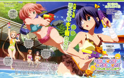  5girls :d ;q absurdres animedia bikini bikini_skirt black_hair blue_eyes brown_eyes brown_hair casual_one-piece_swimsuit chuunibyou_demo_koi_ga_shitai! closed_eyes dekomori_sanae eyepatch green_eyes highres long_hair magazine_scan medical_eyepatch multiple_girls nibutani_shinka official_art one-piece_swimsuit one_eye_closed one_side_up open_mouth pink_hair pool scan shichimiya_satone short_hair short_shorts shorts smile splashing swimsuit takahashi_mariko takanashi_rikka text_focus tongue tongue_out tsuyuri_kumin twintails very_long_hair water water_gun 