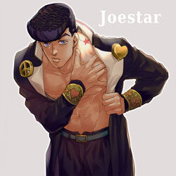  1boy abs bare_pectorals birthmark coat commentary_request diamond_wa_kudakenai earrings gakuran groin hand_on_own_chest heart higashikata_josuke jewelry joestar_birthmark jojo_no_kimyou_na_bouken kijinkutsu male_focus muscular navel open_clothes open_coat painttool_sai_(medium) peace_symbol pectorals pompadour purple_eyes purple_hair school_uniform solo stud_earrings 