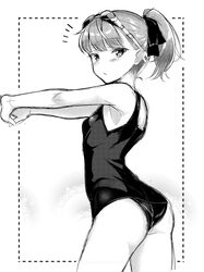  absurdres armpits ass bad_id bad_twitter_id commentary dotted_line fate/grand_order fate_(series) female goggles goggles_on_head greyscale hair_ribbon helena_blavatsky_(fate) helena_blavatsky_(swimsuit_archer)_(fate) helena_blavatsky_(swimsuit_archer)_(first_ascension)_(fate) highres monochrome nishimi_shin notice_lines old_school_swimsuit one-piece_swimsuit ponytail ribbon school_swimsuit solo stretching swimsuit 