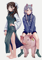  2girls arm_at_side arms_between_legs artist_name barefoot black_hair blue_jacket blue_skirt braid breasts brown_eyes commentary drawstring ear_tag earrings eyeball_bracelet_girl_(fkey) feiqizi_(fkey) fkey full_body grey_background grey_hair hair_ribbon hand_on_own_hip highres hood hooded_jacket jacket jewelry long_sleeves looking_at_viewer low_twin_braids medium_breasts mole mole_under_eye multiple_girls no_shoes on_animal original pig ribbon riding simple_background sitting skirt socks standing twin_braids v_arms white_ribbon wide_sleeves yin_yang yin_yang_earrings 