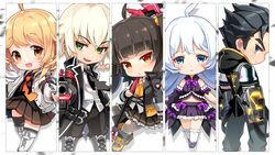  2boys 3girls :/ :d ahoge asymmetrical_sleeves bandaid bandaid_on_face bare_shoulders black_coat black_hair black_hoodie black_jacket black_legwear black_necktie black_pants black_shirt black_skirt blonde_hair blue_eyes blunt_bangs blush_stickers boots bow bowtie braid brown_eyes brown_hair brown_legwear brown_skirt buckle chibi closed_mouth coat collared_shirt column_lineup cross-laced_footwear erwin_arclight frilled_skirt frills green_eyes gun hair_between_eyes haru_estia head_tilt high_collar highres holding holding_gun holding_weapon hood hood_down hoodie jacket jin_seipatsu knee_boots kneehighs lace-up_boots lily_bloomerchen long_hair long_sleeves looking_at_viewer medium_hair multiple_boys multiple_girls necktie non-web_source open_clothes open_coat open_jacket open_mouth orange_bow orange_eyes orange_necktie pants pantyhose parted_lips pleated_skirt pointing pointing_at_viewer profile purple_bow purple_bowtie red_eyes shirt sidelocks single_braid skirt sleeveless sleeveless_shirt smile socks soulworker staff standing stella_unibell tareme thighhighs torn_clothes torn_necktie torn_pantyhose tsurime twintails unbuckled uneven_sleeves weapon white_background white_footwear white_hair white_jacket white_legwear white_shirt wing_collar yellow_bow yellow_bowtie yellow_footwear 