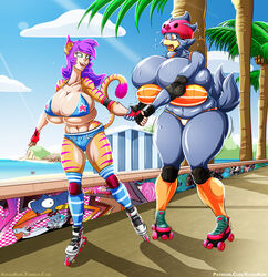  armor avian big_breasts bikini bodily_fluids breasts busty_bird cleavage clothed clothing duo elbow_pads felid female fingerless_gloves gloves green_eyes hair handwear headgear helmet huge_breasts hyper hyper_breasts knee_pads kogeikun mammal purple_hair red_eyes roller_skates sweat swimwear thick_thighs 