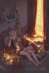  2girls barefoot bed blackbird book bottle brown_hair carciphona chinese_commentary closed_eyes commentary_request head_rest indoors leg_between_thighs long_hair lying multiple_girls on_back on_bed on_side parted_lips pillow scroll shilin silver_hair sleeping sword tattoo veloce_visrin weapon window yuri 