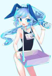  :3 animal_ears aqua_eyes aqua_hair arched_back bare_arms bare_shoulders bead_bracelet bead_necklace beads bracelet breasts commentary corriente_(show_by_rock!!) ears_down fake_animal_ears female hand_up highres holding jewelry kyuuri_(miyako) liquid_hair long_hair looking_at_viewer name_tag necklace one-piece_swimsuit open_mouth pendant rabbit_ears raised_eyebrow school_swimsuit show_by_rock!! small_breasts solo standing swimsuit transparent very_long_hair 