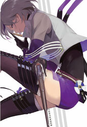  bad_id bad_pixiv_id belt black_gloves black_shirt boots breasts bullet character_name commentary_request contender_(girls&#039;_frontline) cross-laced_footwear detached_sleeves female girls&#039;_frontline gloves grey_hair gun handgun holding holding_bullet holding_gun holding_weapon lace-up_boots light_smile looking_at_viewer multicolored_hair purple_eyes purple_hair purple_shorts reroi shirt short_hair shorts sidelocks sleeveless sleeveless_shirt solo streaked_hair thigh_boots thighhighs thompson/center_contender weapon 