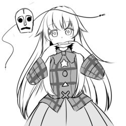  :&lt; bow bowtie bubble_skirt commentary_request expressionless female fingersmile ganmaganmo greyscale hata_no_kokoro long_hair mask monochrome plaid plaid_shirt shirt skirt solo touhou very_long_hair 