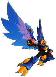  accipitrid accipitriform avian bird capcom eagle machine male mega_man_(series) mega_man_x_(series) official_art robot simple_background solo standing storm_eagle unknown_artist weapon white_background wings 