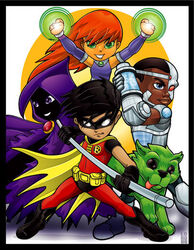  3boys arm_cannon beast_boy beast_boy_(dc) belt black_hair border canine chibi cloak cyborg cyborg_(dc) dark_skin dc_comics dick_grayson domino_mask garfield_logan glowing glowing_eyes green_eyes mask multiple_boys multiple_girls raven_(dc) red_hair robin_(dc) simple_background smile staff starfire teen_titans tim_drake weapon 