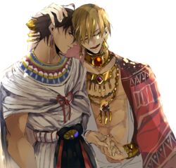  2boys blonde_hair blush brown_hair commentary_request dark-skinned_male dark_skin earrings egyptian_clothes fate/grand_order fate/prototype fate/prototype:_fragments_of_blue_and_silver fate_(series) gilgamesh_(fate) gilgamesh_(sumerian_garb)_(fate) hand_on_another&#039;s_head jewelry male_focus multiple_boys necklace official_alternate_costume open_clothes open_shirt ozymandias_(fate) pvc_parfait red_eyes shawl yellow_eyes 