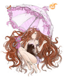  absurdres anklet anna_(granblue_fantasy) armband bare_legs bare_shoulders barefoot black_one-piece_swimsuit bow breasts candle cat_hair_ornament cleavage collarbone commentary_request feline female fire frilled_one-piece_swimsuit frills full_body granblue_fantasy hair_ornament hair_over_one_eye highres jewelry long_hair looking_away looking_to_the_side n9+ one-piece_swimsuit parasol partial_commentary red_eyes red_hair simple_background skull small_breasts solo stuffed_animal stuffed_cat stuffed_toy swimsuit umbrella very_long_hair wavy_mouth white_background 