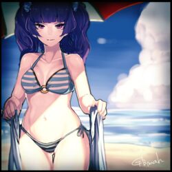  bad_id bad_pixiv_id beach bikini black_border blue_hair border breasts cleavage commentary_request female gbmah highres light_smile looking_at_viewer medium_breasts navel ocean ootori_chacha outdoors parasol purple_eyes side-tie_bikini_bottom solo striped_bikini striped_clothes swimsuit tokyo_7th_sisters towel twintails umbrella 