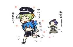  3boys blue_hair blush carrying carrying_under_arm chibi fleeing green_hair hat japanese_clothes kasen_kanesada male_focus military military_uniform mouri_toushirou multiple_boys peaked_cap ponytail protected_link purple_hair running sayo_samonji short_hair shorts take_it_home tassel touken_ranbu translated uniform 