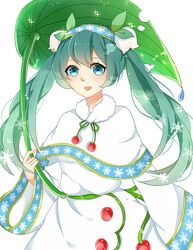  aqua_hair bad_id bad_pixiv_id blue_eyes chuor_(chuochuoi) female flower hairband hatsune_miku highres koropokkuru leaf lily_of_the_valley long_hair looking_at_viewer open_mouth rowan smile snowflakes solo sparkle twintails very_long_hair vocaloid yuki_miku yuki_miku_(2015) 