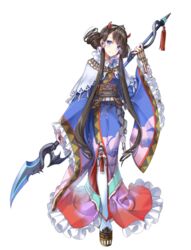  blue_eyes blue_kimono brown_hair drill_hair fake_horns female full_body hachiouji_(oshiro_project) hair_ornament head_tilt holding holding_polearm holding_weapon horned_headwear horns japanese_clothes kazune_(baumkuchen) kimono long_hair oshiro_project:re polearm smile solo spear swept_bangs thighhighs transparent_background twin_drills very_long_hair weapon weapon_behind_back white_thighhighs 