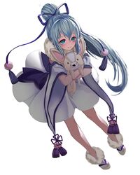  absurdres blue_eyes blue_hair blue_ribbon blush closed_mouth eyebrows_visible_through_hair hair_ribbon highres holding holding_stuffed_animal long_hair looking_at_viewer mellozzo original ponytail ribbon sandals smile solo stuffed_animal stuffed_toy white_legwear 