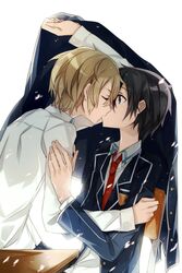  2boys black_eyes black_hair blonde_hair closed_eyes commentary_request eugeo jianmo_sl kirito kissing male_focus md5_mismatch multiple_boys resolution_mismatch school_uniform source_smaller sword_art_online yaoi 