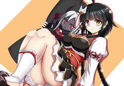  2014 abstract_background ahoge ara_haan black_hair blush body_pillow braid breasts brother_and_sister cleavage closed_mouth colored_skin commentary_request dress elsword female grey_skin hair_ornament hair_ribbon heterochromia holding horns legs_together legs_up little_specter_(elsword) long_hair looking_at_viewer pillow ran_(elsword) ribbon siblings simple_background sitting smile solo thick_thighs thighs toeless_footwear toeless_legwear twin_braids zetsuei_(zetto) 