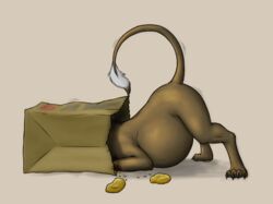  2014 ambiguous_gender american_mythology ass_up belly bent_over big_belly brown_body brown_skin canid canine chicken_meat chicken_nugget chupacabra claws eating food hairless mammal mcdonald&#039;s meat mythology paper_bag pawpads paws raised_tail rorix simple_background solo tail toe_claws 