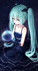  blush collarbone commentary_request dress elbow_gloves female globe gloves green_eyes green_hair hair_ribbon hatsune_miku holding kojiki-life long_hair ribbon solo spaghetti_strap star_(sky) twintails very_long_hair vocaloid 