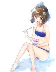  :d amami_amayu bare_arms bare_legs bare_shoulders barefoot bikini blue_bikini blush bowl breasts brown_eyes brown_hair collarbone commentary_request female food halterneck headgear holding holding_bowl kantai_collection knees_together_feet_apart looking_at_viewer open_mouth shaved_ice short_hair simple_background sitting small_breasts smile solo swimsuit teeth toenails toes upper_teeth_only white_background yukikaze_(kancolle) 