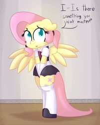  clothing english_text equid equine feathered_wings feathers female feral fluttershy_(mlp) friendship_is_magic hair hasbro hi_res maid_uniform mammal mrdegradation my_little_pony mythological_creature mythological_equine mythology pegasus pink_hair solo text uniform wings 