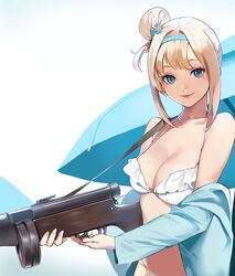  bare_arms bare_shoulders beach_umbrella bikini blonde_hair blue_eyes blue_hairband breasts cleavage commentary_request drum_magazine female fingernails frills girls&#039;_frontline gun hair_between_eyes hair_bun hair_ornament hairband halterneck holding holding_gun holding_weapon jacket korean_commentary long_fingernails long_sleeves looking_at_viewer magazine_(weapon) medium_breasts off_shoulder official_alternate_costume open_clothes open_jacket pink_lips short_hair sidelocks simple_background single_hair_bun single_side_bun smile snowflake_hair_ornament solo submachine_gun suomi_(girls&#039;_frontline) suomi_(midsummer_pixie)_(girls&#039;_frontline) suomi_kp/-31 swimsuit takssmask umbrella upper_body weapon white_background white_bikini 