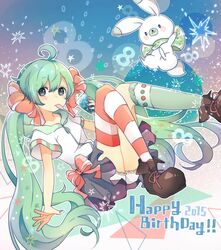  2015 ahoge bad_id bad_pixiv_id female green_eyes green_hair happy_birthday hatsune_miku hiro_(14806390) hood hoodie kneehighs long_hair mouth_hold nail_polish rabbit rabbit_yukine single_kneehigh single_sock single_thighhigh skirt socks striped_clothes striped_thighhighs thighhighs twintails very_long_hair vocaloid 