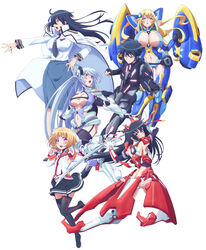  1boy 5girls ass black_hair black_legwear black_skirt blonde_hair blue_eyes blue_hair breasts cape chidorigafuchi_aine detached_sleeves garter_straps hand_on_own_hip hida_kizuna hida_reiri highres himekawa_hayuru huge_breasts key_visual large_breasts long_hair looking_at_viewer masou_gakuen_hxh mecha_musume miyai_kana_(animator) multiple_girls navel official_art open_mouth promotional_art purple_eyes red_eyes short_hair simple_background skirt sylvia_silkcut thighhighs uniform white_background yurishia_farandole 