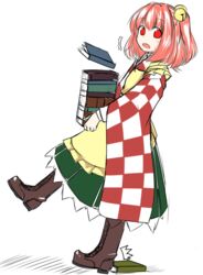  ^^^ bell blush book boots carrying commentary_request cross-laced_footwear dress falling female ganmaganmo hair_bell hair_ornament motoori_kosuzu red_eyes red_hair short_hair solo touhou tripping two_side_up 