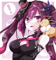  ! :d bare_shoulders black_dress black_hat black_sleeves blush breasts cleavage cleavage_cutout closed_eyes clothing_cutout commentary_request crossover demon_horns detached_sleeves dress eevee female hat horns large_breasts long_hair mini_hat mini_top_hat multicolored_hair nijisanji on_shoulder open_mouth photoshop_(medium) pink_hair pokemon pokemon_(creature) pokemon_on_shoulder purple_eyes purple_hair sleeveless sleeveless_dress smile tilted_headwear top_hat twintails two-tone_hair utsurogi_angu virtual_youtuber yamiyono_moruru 