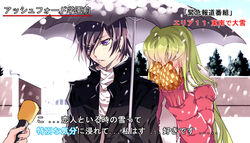  1boy black_hair blush c.c. coat code_geass commentary_request couple covering_face embarrassed female green_hair holding holding_microphone holding_umbrella lelouch_vi_britannia long_hair meimi_k meme microphone mittens photoshop_(medium) purple_eyes scarf shared_umbrella snow snowing special_feeling_(meme) straight umbrella 