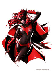  bat_symbol batarang batwoman belt bodysuit cape dc_comics female gauntlets kate_kane lipstick mask red_gloves red_hair solo 