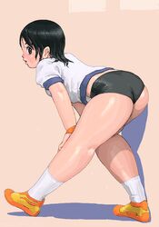  ass bent_over black_eyes black_hair breasts buruma d2s1 female gym_uniform looking_back oekaki original short_hair solo wet 