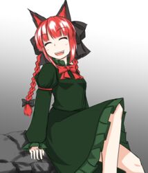  ^_^ animal_ears blush bow braid breasts cat_ears closed_eyes commentary_request dress facing_viewer female ganmaganmo green_dress hairbow juliet_sleeves kaenbyou_rin long_sleeves puffy_sleeves rock sitting small_breasts solo touhou twin_braids 