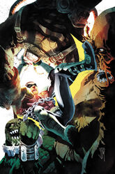  bane batman_(series) belt boots cape clayface cuffs dc_comics domino_mask fighting gauntlets handcuffs killer_croc mask monster_boy multiple_boys muscle robin_(dc) sharp_teeth simple_background tim_drake 