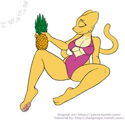  2017 anthro barefoot biped breasts cleavage closed_eyes clothed clothing digital_media_(artwork) exposure_variation feet felid female food fruit fur katia_managan khajiit mammal microsoft navel one-piece_swimsuit pineapple plant pose prequel_adventure simple_background solo spread_legs spreading swimwear the_elder_scrolls third-party_edit under_boob white_background yellow_body yellow_fur zokva 